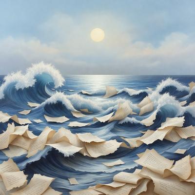 The primary subject of the image is a painting of a wave with a sunset in the background. The setting is a vast ocean, and the visual style is a combination of digital art and illustration. The colors and mood of the painting are warm and serene, with the sunset creating a sense of tranquility.